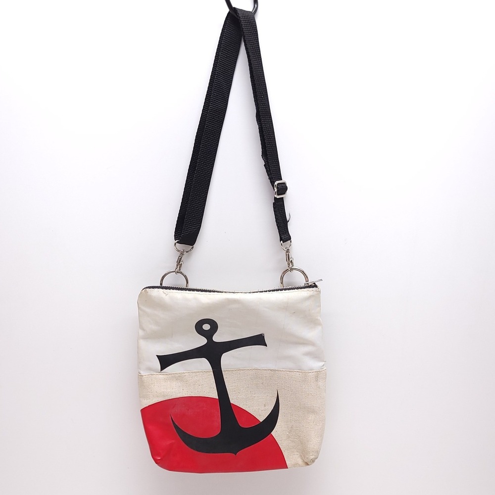 Nautical Upcycled Sailcloth Anchor Crossbody Bag Red White Small Purse